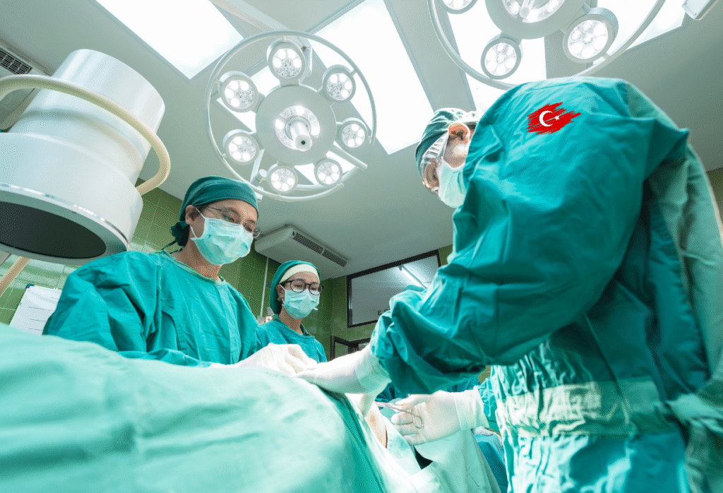 Surgeons performing gastric bypass Turkey procedure in a modern operating room.