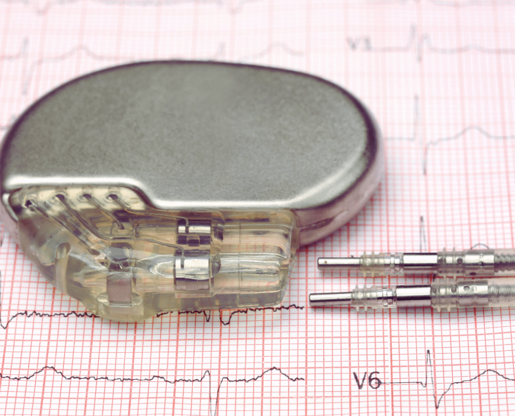 Close-up of a pacemaker device and its leads placed on an ECG printout, illustrating modern pacemaker technology used to regulate heart rhythm.