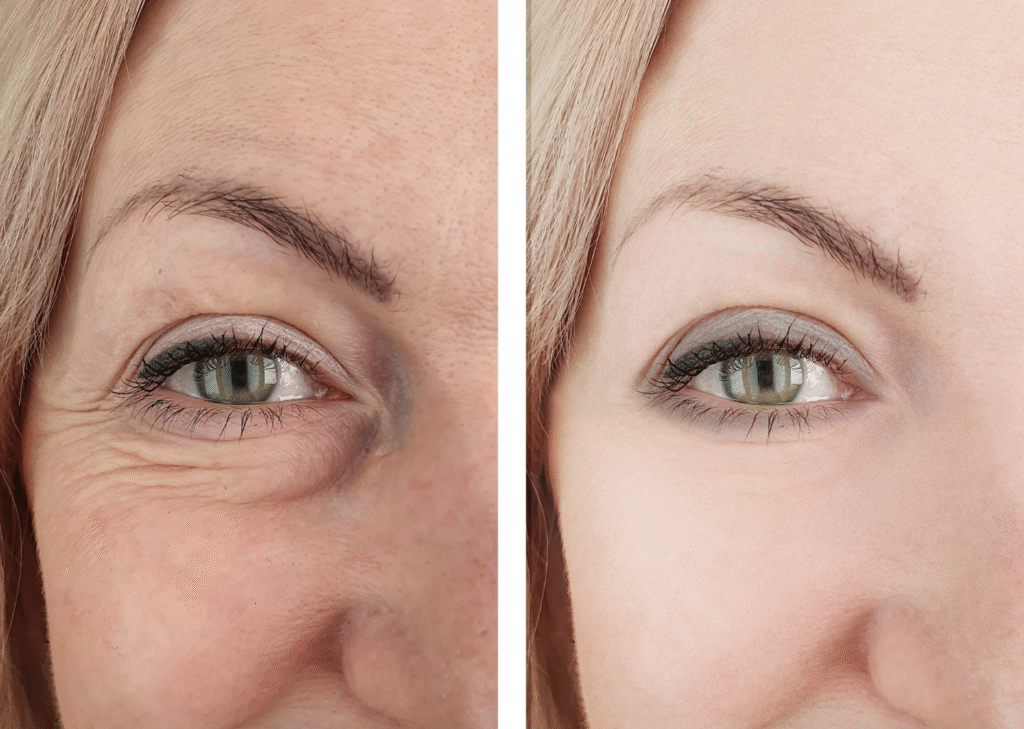 Side-by-side comparison of a woman’s eye area before and after eyelid surgery, showing reduced wrinkles, lifted skin, and a more youthful, refreshed look.
