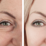 Side-by-side comparison of a woman’s eye area before and after eyelid surgery, showing reduced wrinkles, lifted skin, and a more youthful, refreshed look.