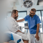 Male doctor reassuring a patient in a hospital gown during a pre-surgery consultation for gastric sleeve abroad.