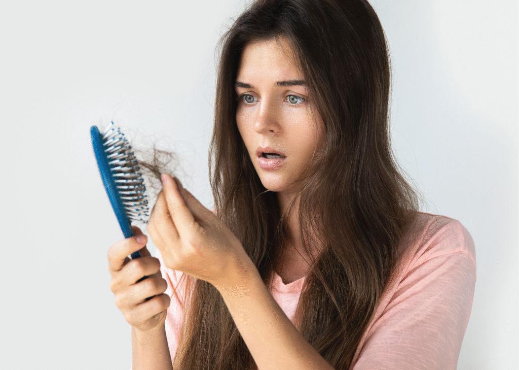 Woman experiencing hair loss while brushing, considering a hair transplant.