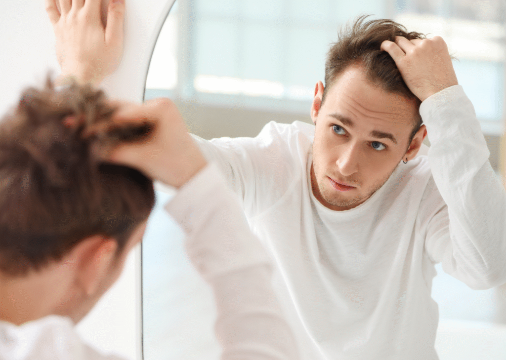 Man checking his receding hairline in the mirror, thinking about a hair transplant.