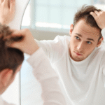 Man checking his receding hairline in the mirror, thinking about a hair transplant.