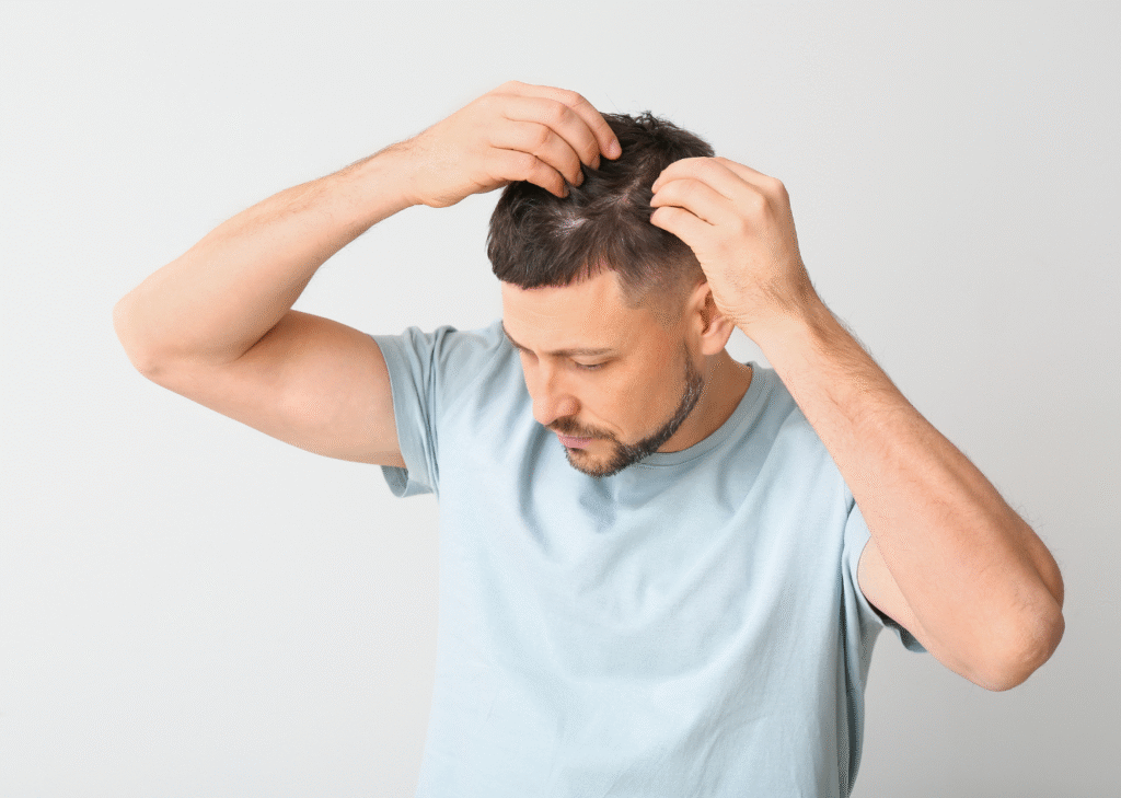 Man examining his scalp in the mirror, concerned about hair loss — potential candidate for a hair transplant.