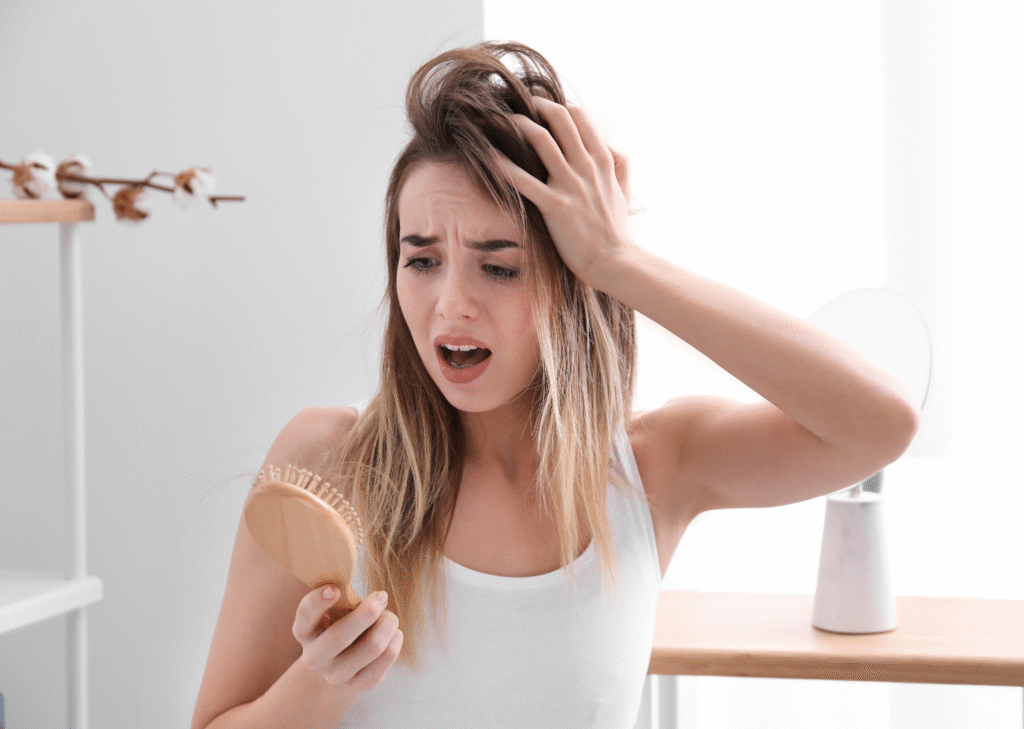 Woman shocked by hair strands on her brush, worried about hair loss and considering a hair transplant.