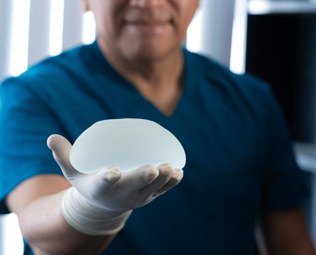 A surgeon in blue scrubs holding a silicone implant, representing the preparation process for breast augmentation surgery.