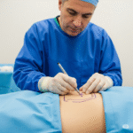 Liposuction before and after: A plastic surgeon in blue scrubs and gloves carefully marks a patient's abdomen with a purple surgical marker, outlining areas likely for liposuction. The patient's belly is draped in a light blue surgical cloth, and the surgeon is focused on the task.