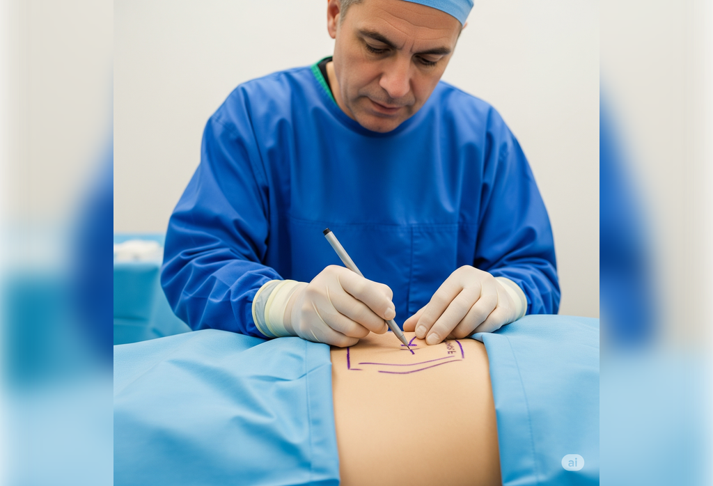 Liposuction before and after: A plastic surgeon in blue scrubs and gloves carefully marks a patient's abdomen with a purple surgical marker, outlining areas likely for liposuction. The patient's belly is draped in a light blue surgical cloth, and the surgeon is focused on the task.