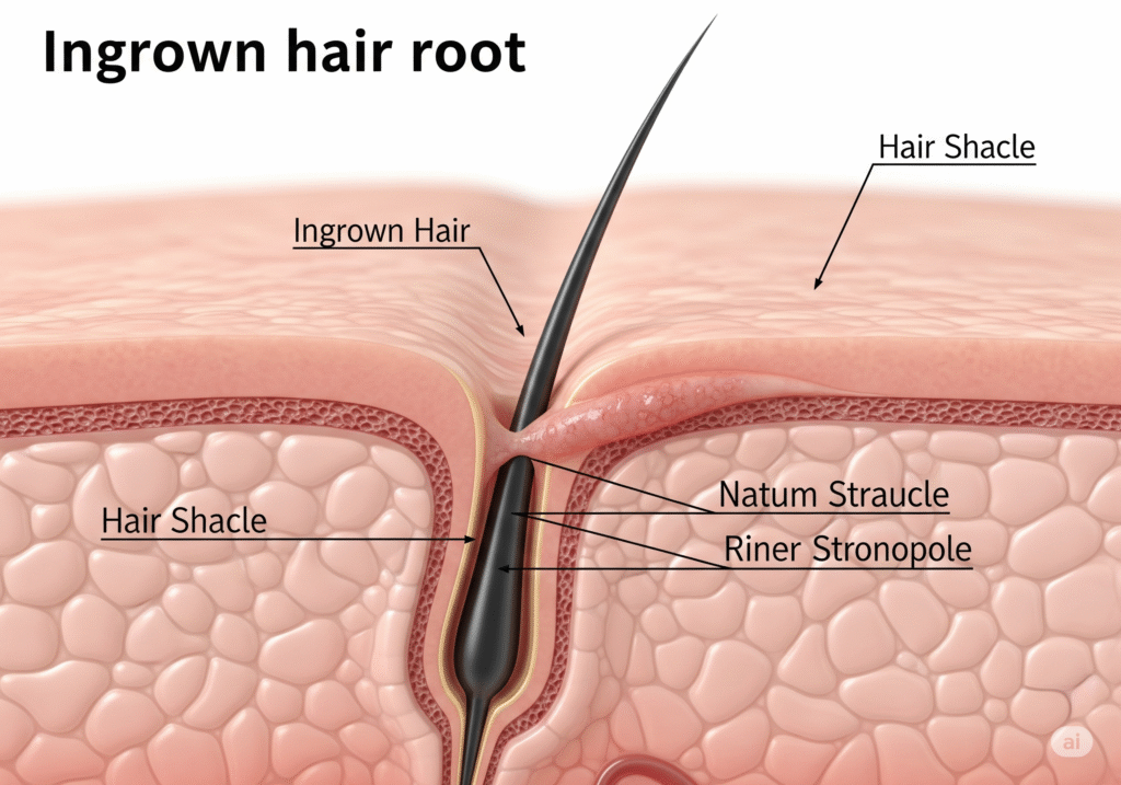 A diagram illustrating an ingrown hair, showing a hair shaft curling back into the skin. Labeled parts include the ingrown hair, hair shacle, natum straucle, and riner stronopole, all within the skin and hair follicle structure.