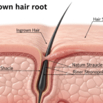 A diagram illustrating an ingrown hair, showing a hair shaft curling back into the skin. Labeled parts include the ingrown hair, hair shacle, natum straucle, and riner stronopole, all within the skin and hair follicle structure.