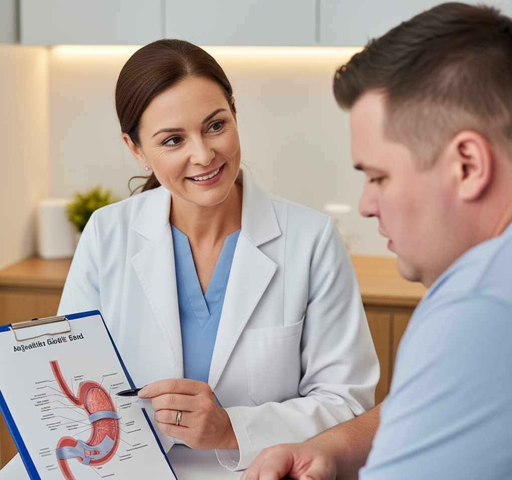A doctor points to a medical diagram of an Adjustable Gastric Band, explaining the procedure in detail to a patient during a consultation.