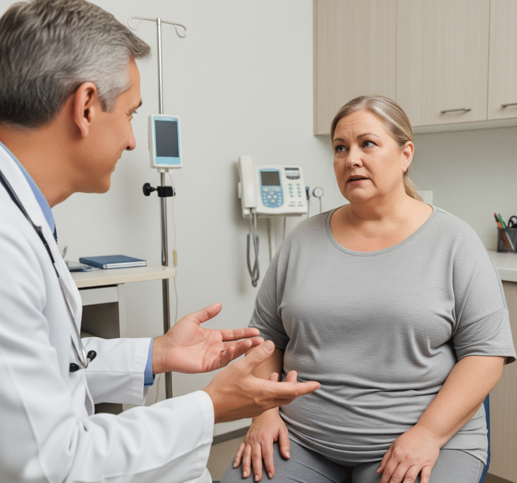 An obese person sits opposite a doctor, engaging in a serious consultation about weight loss options, possibly including the Adjustable Gastric Band.