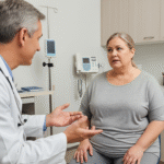 An obese person sits opposite a doctor, engaging in a serious consultation about weight loss options, possibly including the Adjustable Gastric Band.