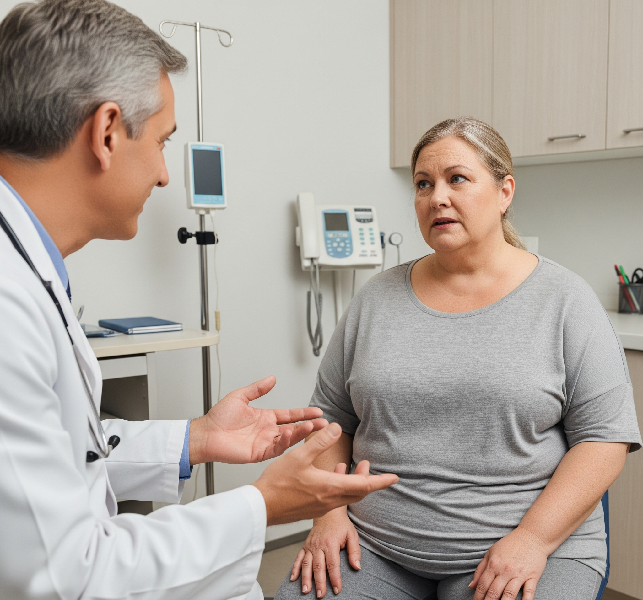 An obese person sits opposite a doctor, engaging in a serious consultation about weight loss options, possibly including the Adjustable Gastric Band.