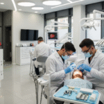 Three dentists, dressed in white lab coats, masks, and blue gloves, are attending to patients in a modern, well-lit dental clinic for dental implants turkey.