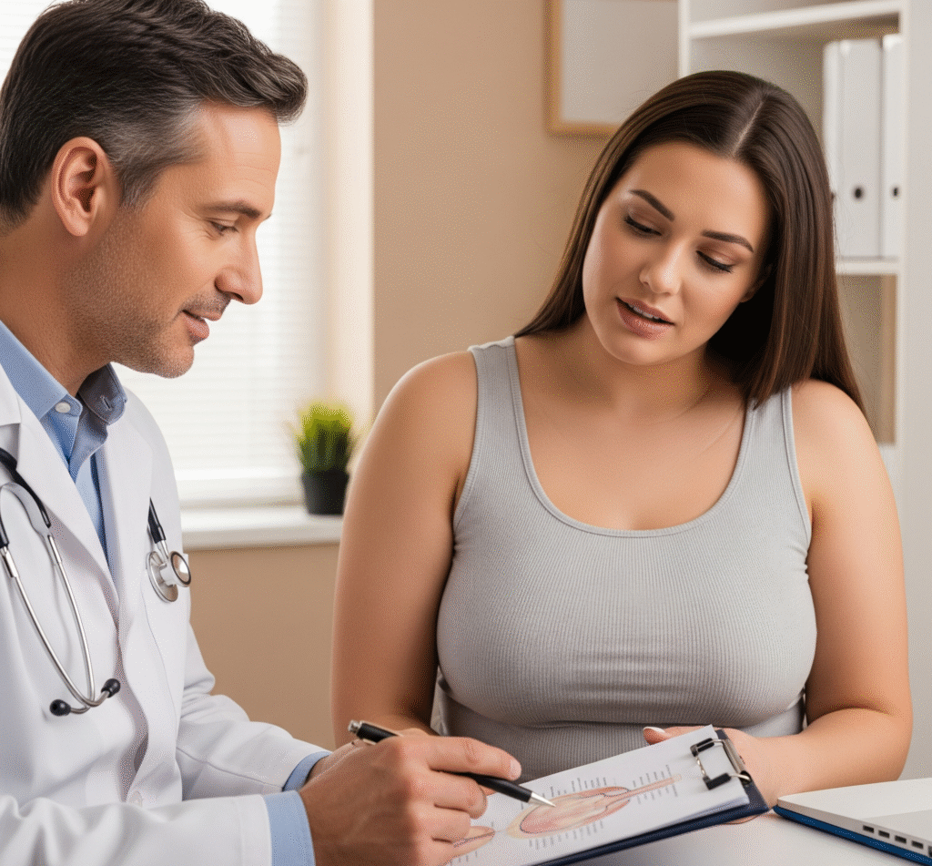 A woman with large breasts is having a consultation with a doctor about breast reduction surgery.