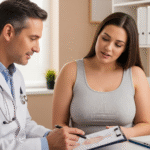 A woman with large breasts is having a consultation with a doctor about breast reduction surgery.