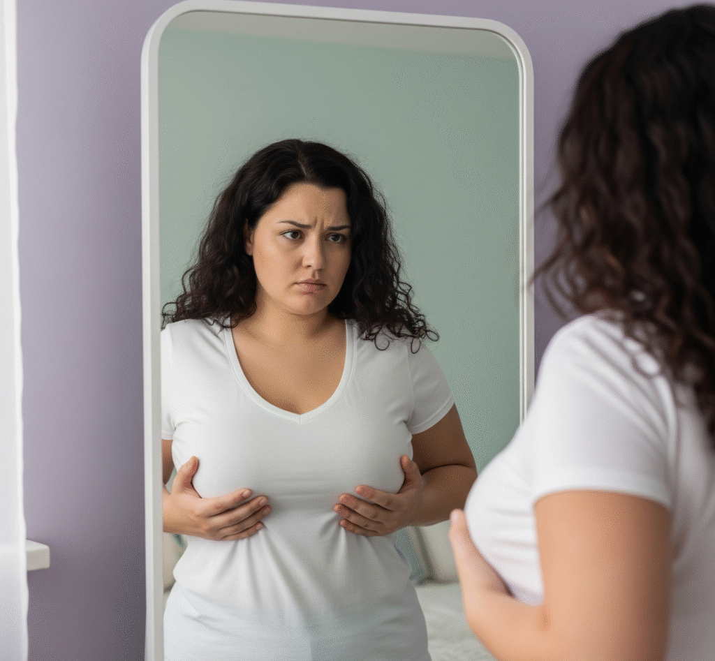 A woman with large breasts looks in a mirror, unhappy with her breast shape and considering breast reduction surgery.
