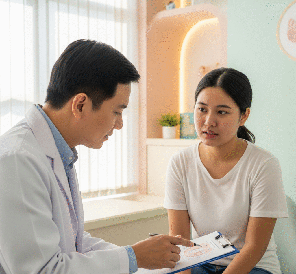 A young person with slightly less full cheeks consults with a doctor in a clinic about buccal fat removal.