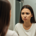 A young woman looks unhappily at her reflection in a mirror, contemplating buccal fat removal.