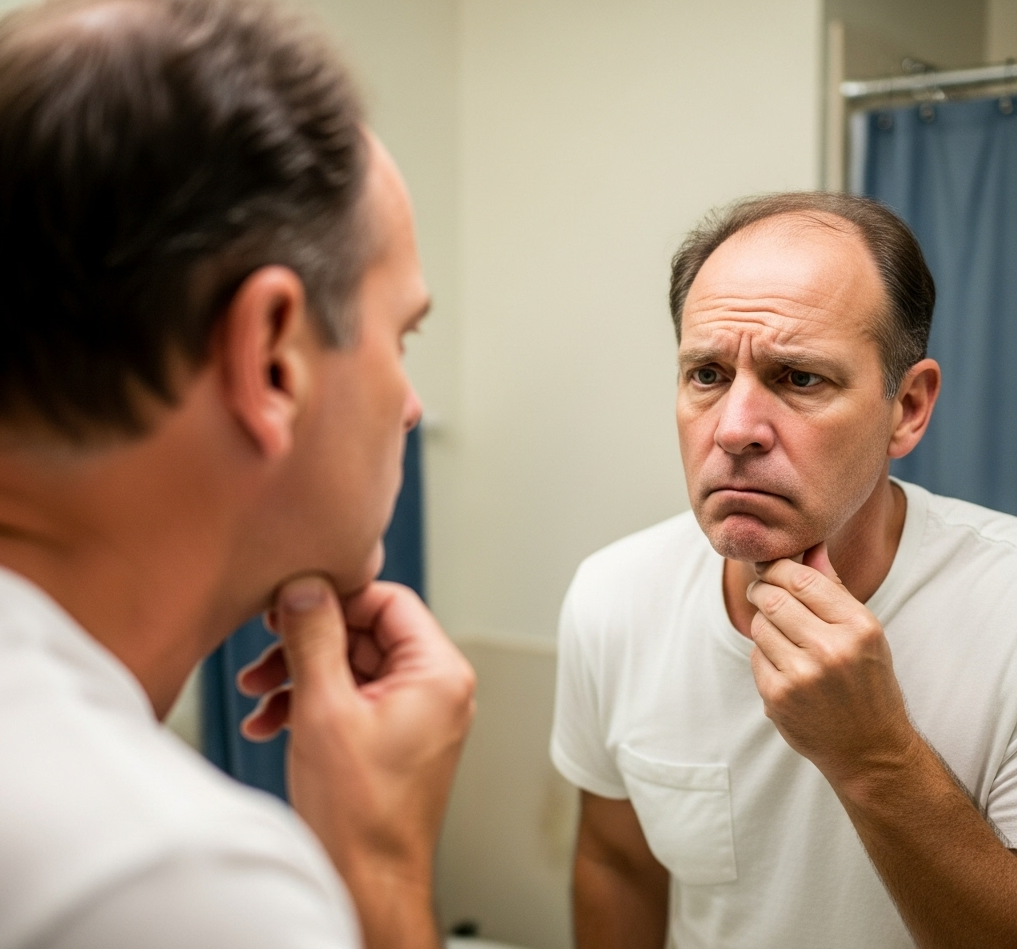A person looks unhappily at their reflection in a mirror, considering a chin implant