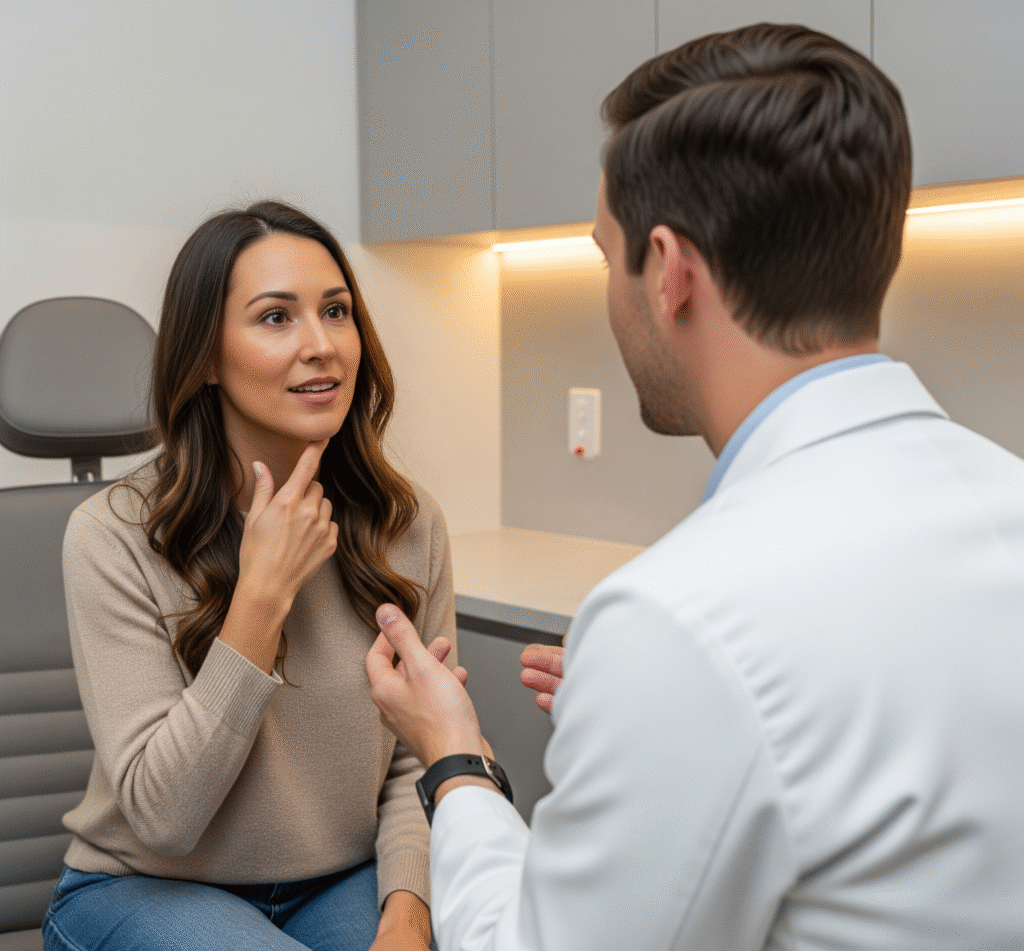 A person consults with a doctor in a clinic about a chin implant procedure.