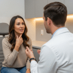 A person consults with a doctor in a clinic about a chin implant procedure.