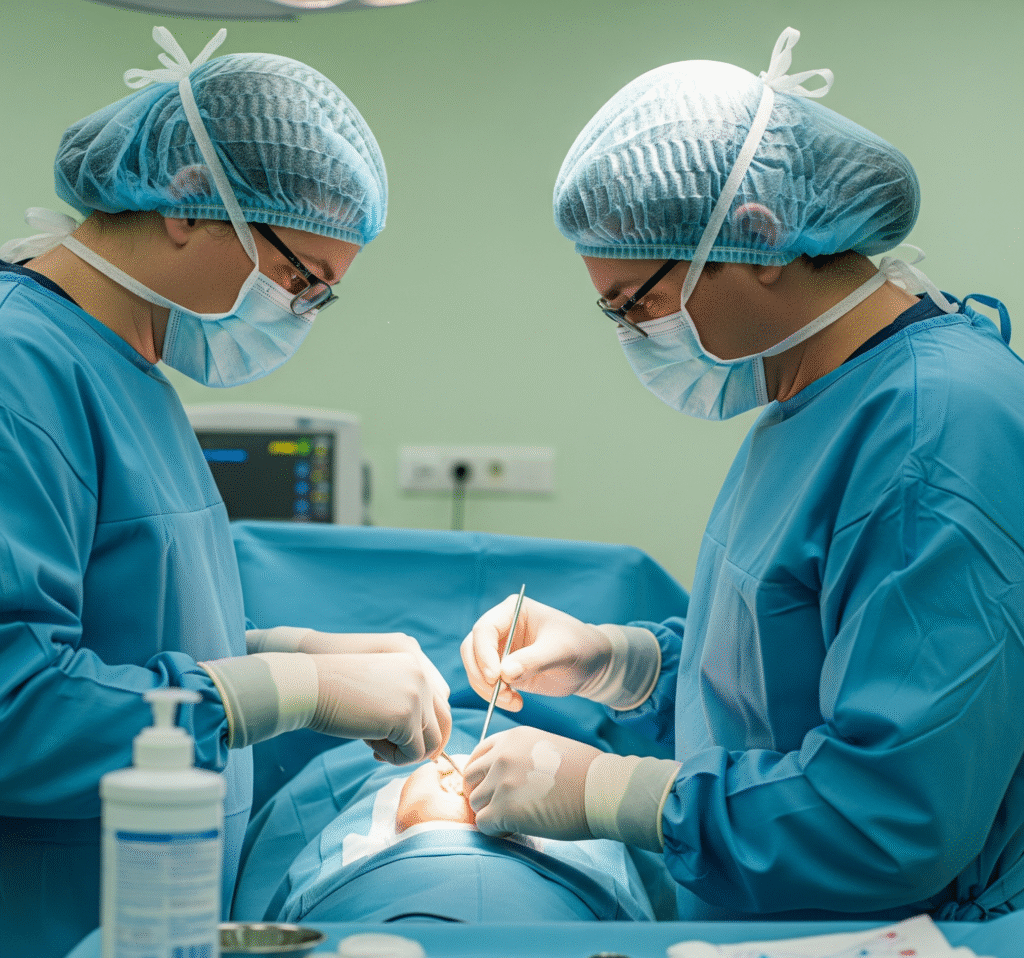 Realistic photo of two surgeons performing a male circumcision in a sterile operating room with medical instruments visible.