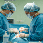 Realistic photo of two surgeons performing a male circumcision in a sterile operating room with medical instruments visible.