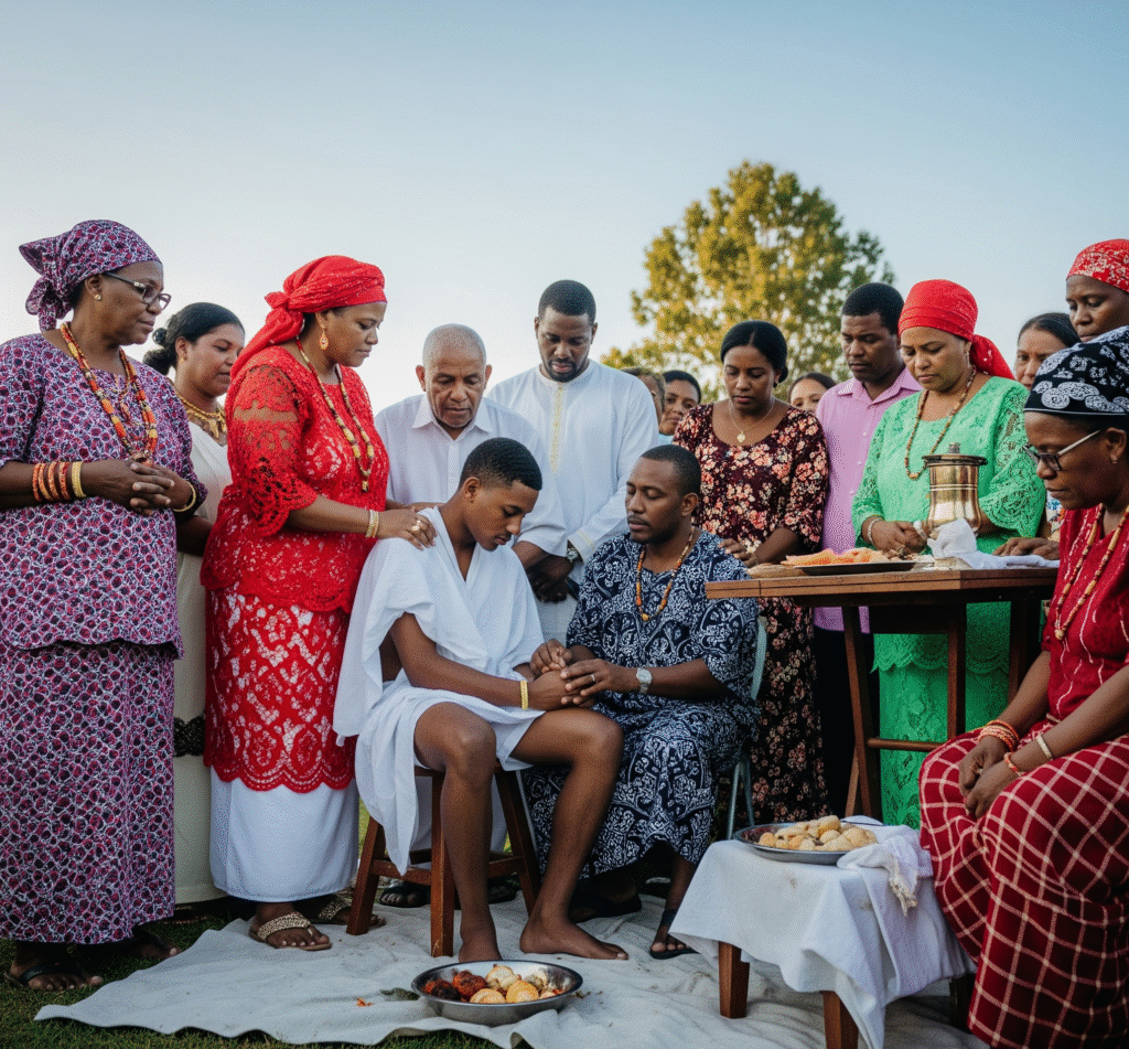 Realistic photo of a diverse community participating in a cultural or religious circumcision ceremony outdoors, with family and elders gathered around a young man.