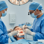 Two dental professionals perform a dental implant surgery on a male patient, showcasing the procedure for dental implants abroad.