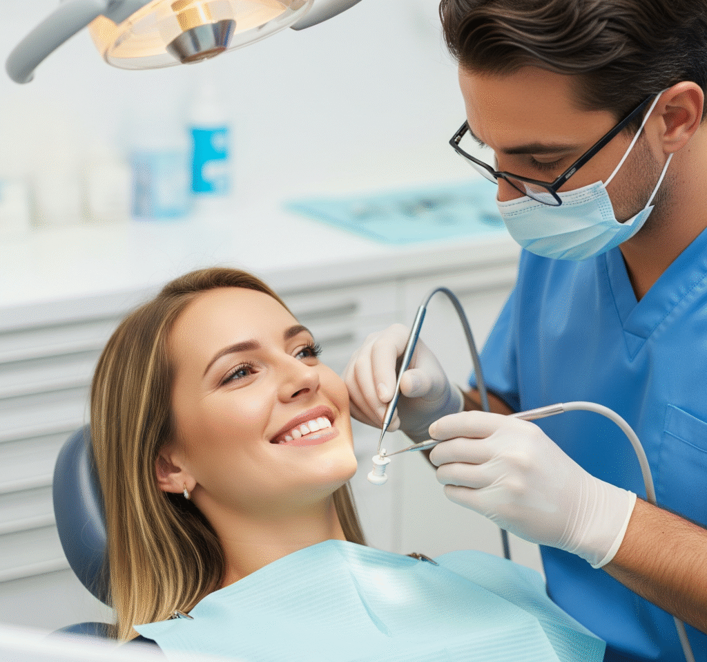 A smiling female patient in a dental chair with a dentist, representing a dental consultation for future procedures like dental implants abroad.