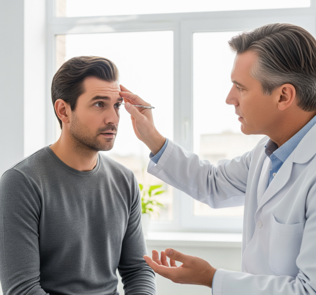 An older male patient discusses facelift surgery with a male doctor who gently consults the wrinkles on his forehead in a bright consultation room.