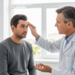 An older male patient discusses facelift surgery with a male doctor who gently consults the wrinkles on his forehead in a bright consultation room.