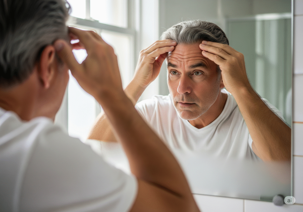 A middle-aged man looks intently at his reflection in a bathroom mirror, touching his face and considering a brochure for facelift surgery.