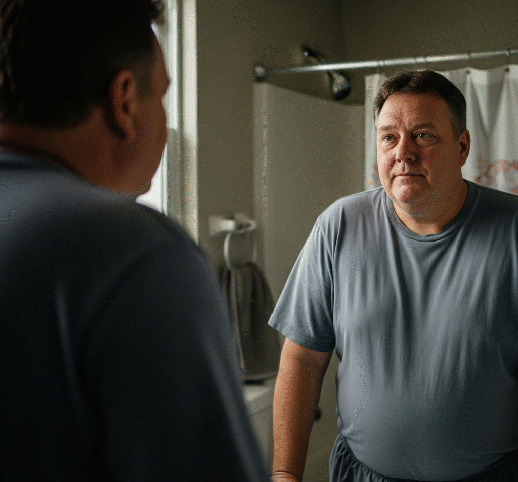 Overweight person looking thoughtfully in a mirror, considering gastric band surgery.