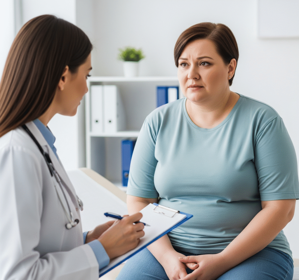 Overweight patient consulting with a doctor about gastric band surgery.
