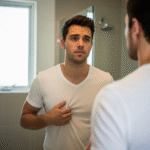 A man looking unhappily at his chest in a mirror, considering gynecomastia surgery