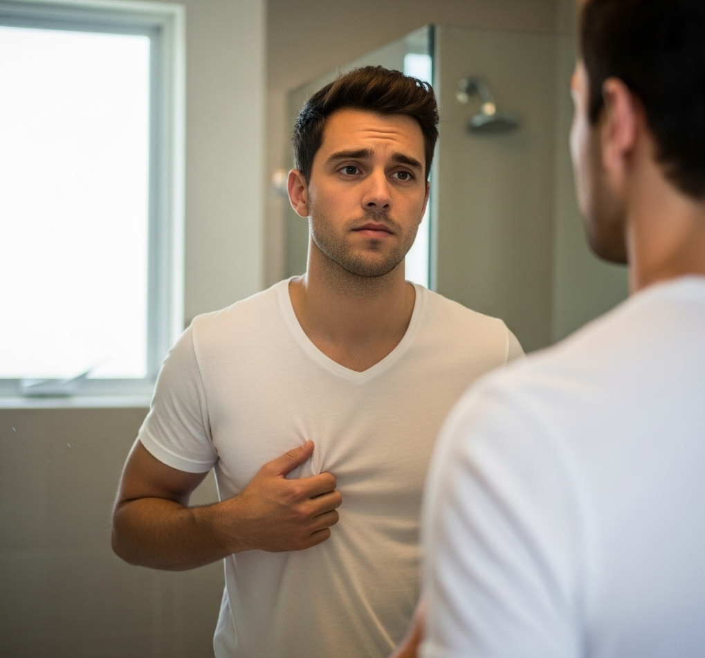 A man looking unhappily at his chest in a mirror, considering gynecomastia surgery