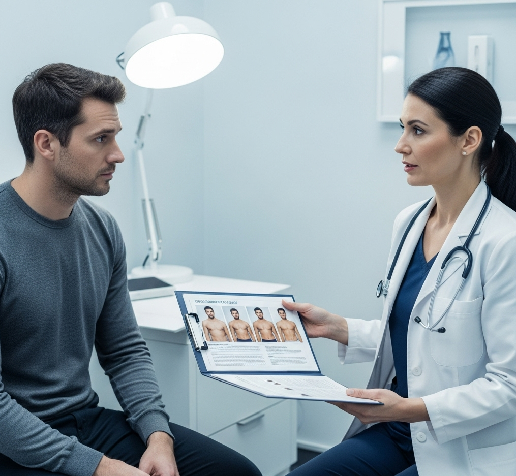 A patient consulting with a doctor about Gynecomastia options in a clinic.