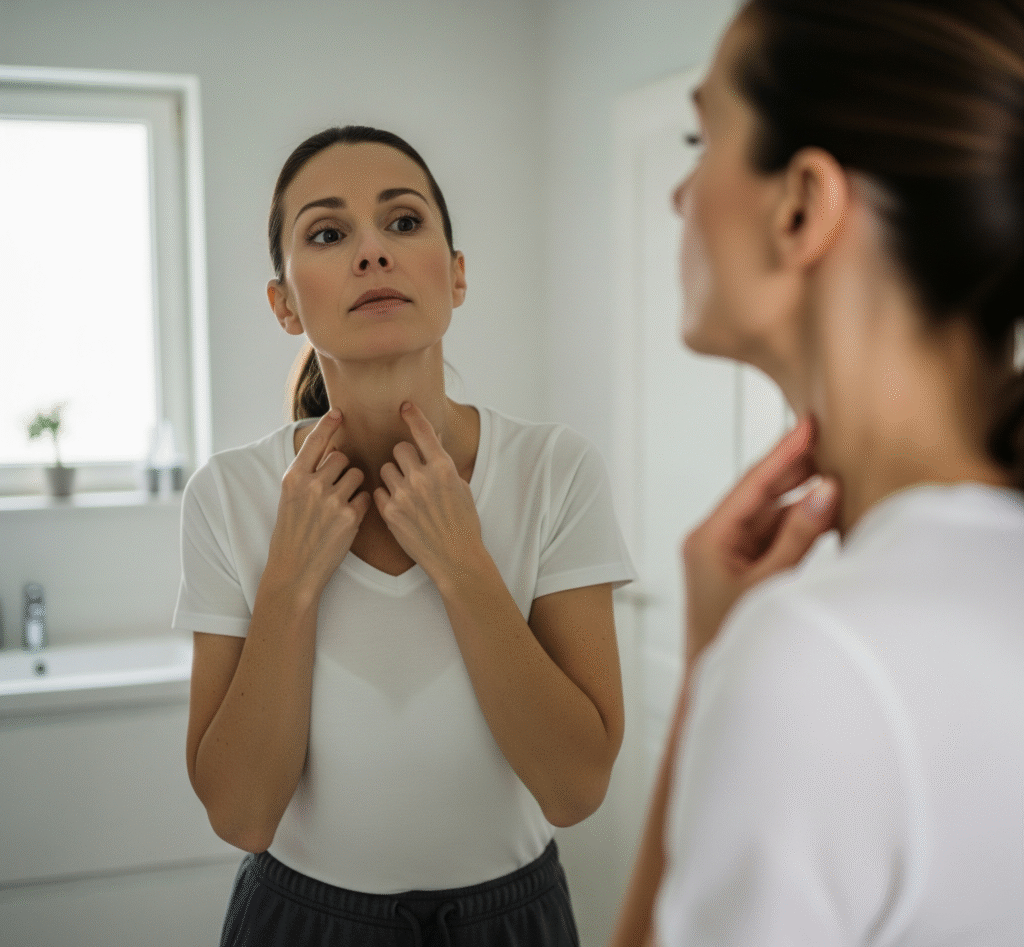A woman in a t-shirt checking her neck in the mirror, concerned about loose skin and considering neck lift surgery.