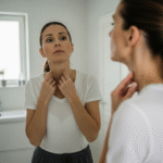 A woman in a t-shirt checking her neck in the mirror, concerned about loose skin and considering neck lift surgery.