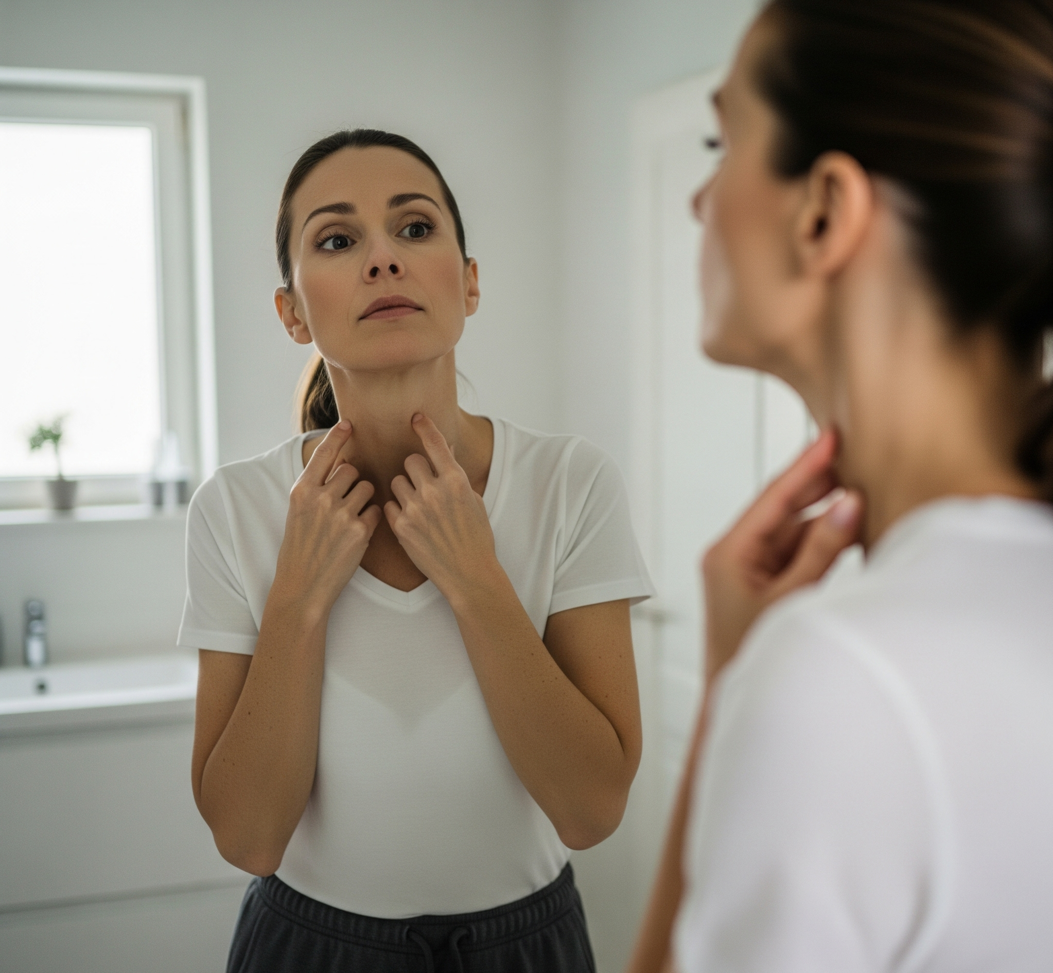 A woman in a t-shirt checking her neck in the mirror, concerned about loose skin and considering neck lift surgery.