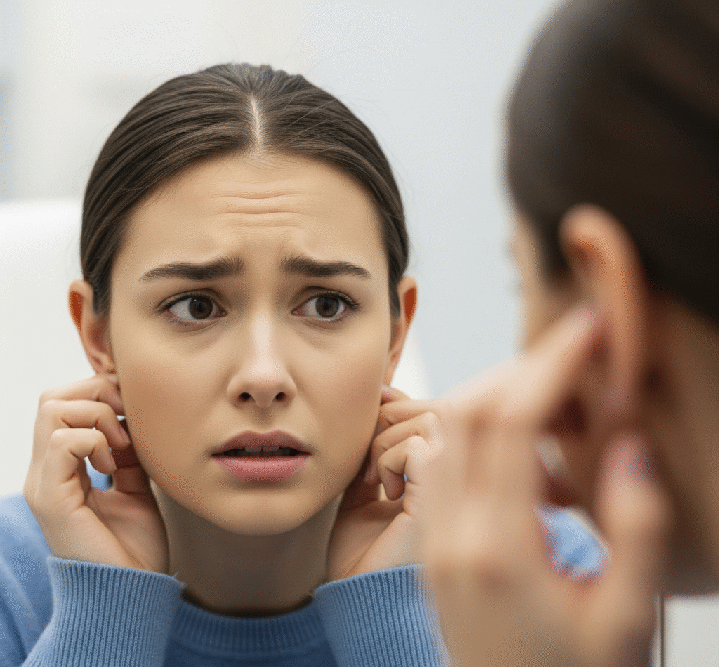 A young person with a worried expression, touching their ears and looking into a mirror, suggesting dissatisfaction and a desire for otoplasty.