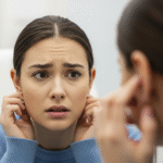 A young person with a worried expression, touching their ears and looking into a mirror, suggesting dissatisfaction and a desire for otoplasty.