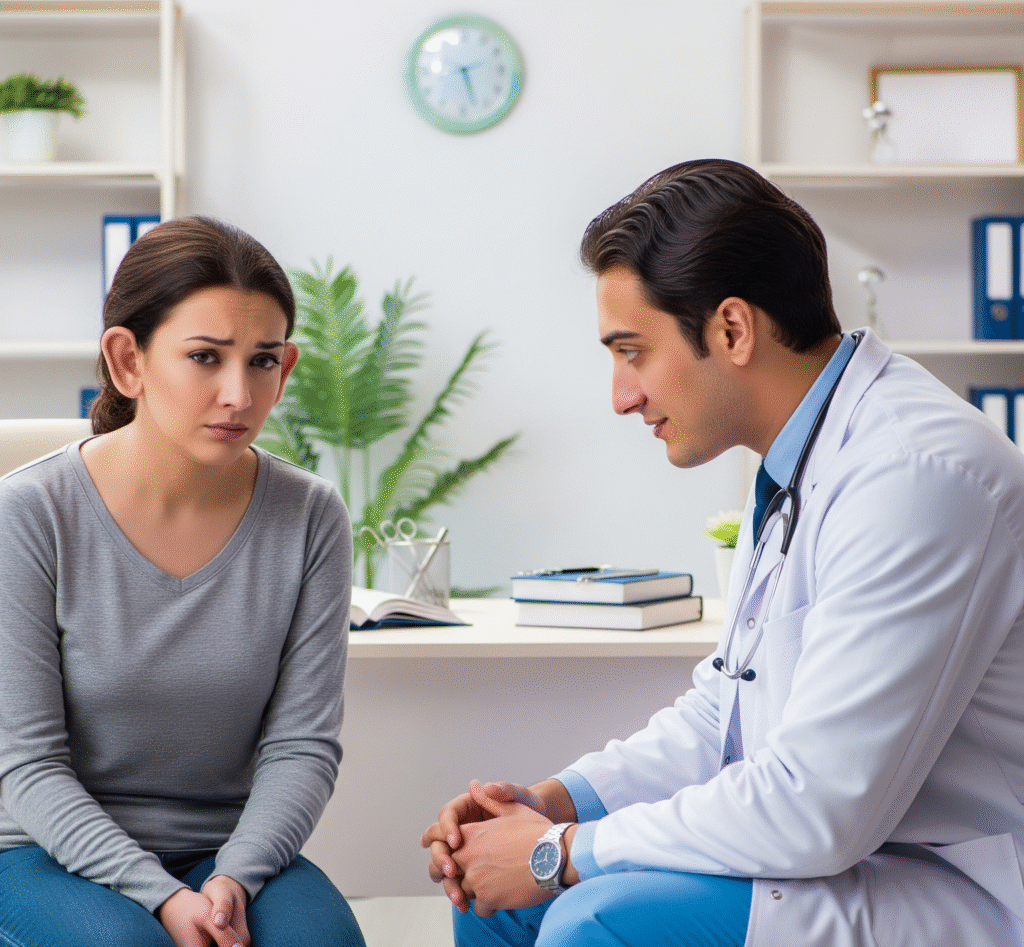 a woman with prominent ears consulting a male plastic surgeon in a clinic, discussing otoplasty.