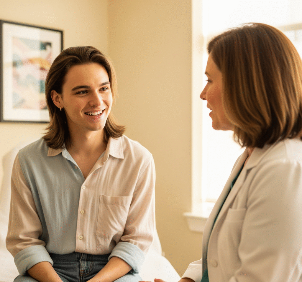 A transgender person with long hair smiles while consulting with a female doctor about phalloplasty in a brightly lit office.