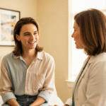 A transgender person with long hair smiles while consulting with a female doctor about phalloplasty in a brightly lit office.