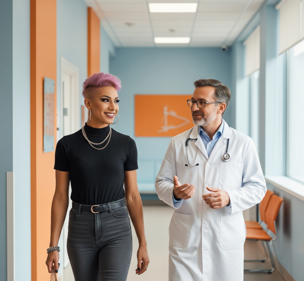 A transgender person with pink hair and a doctor walk and talk in a modern clinic hallway.